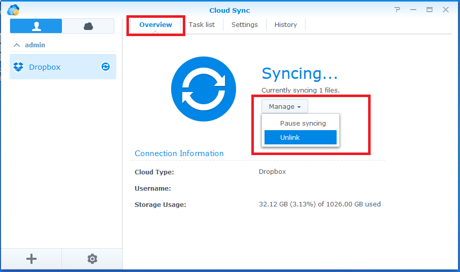Synology unlink Dropbox