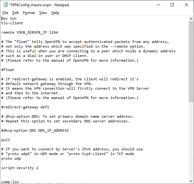 How to modify the VPNConfig.ovpn file using Notepad on Windows 10