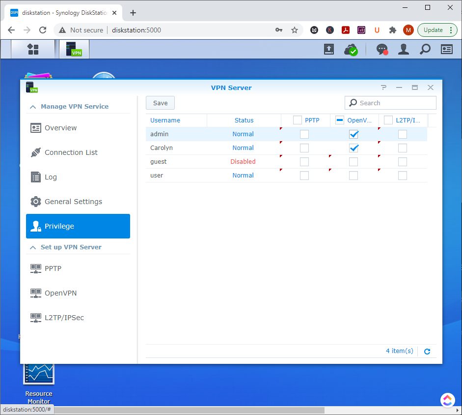 Synology VPN Server - how to configure privilege permissions