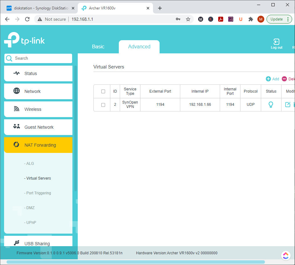 IT Support: TP-Link VR1600v v2 Virtual Servers configuration 