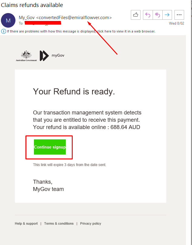 myGov phishing email example