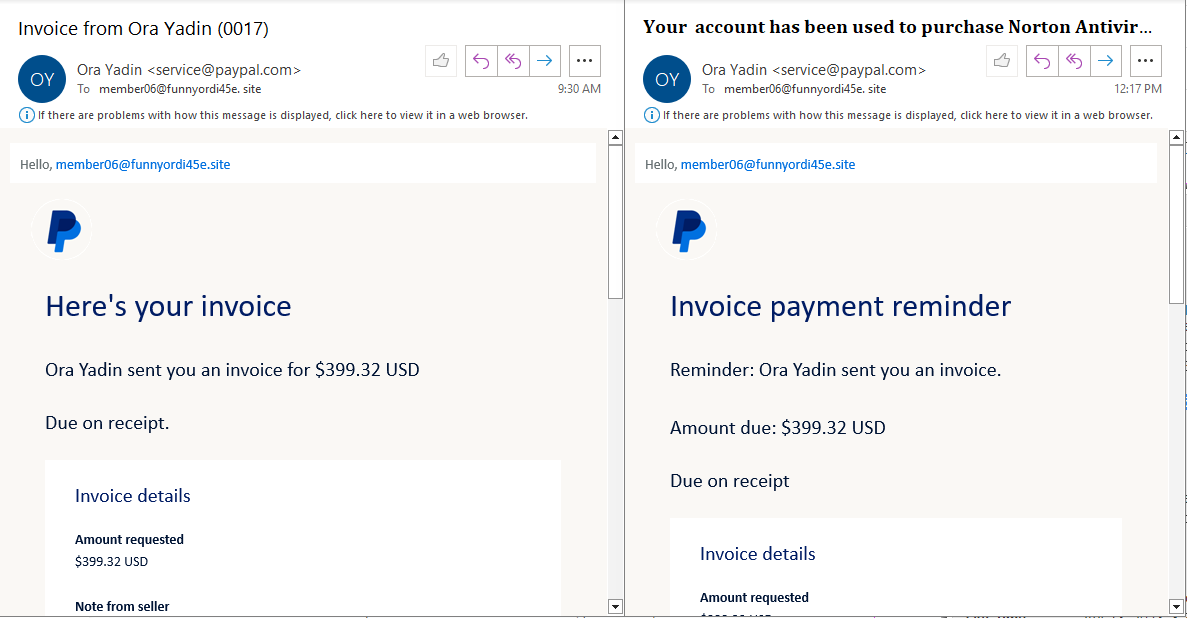 Fake invoice for $399 Norton Antivirus from PayPal