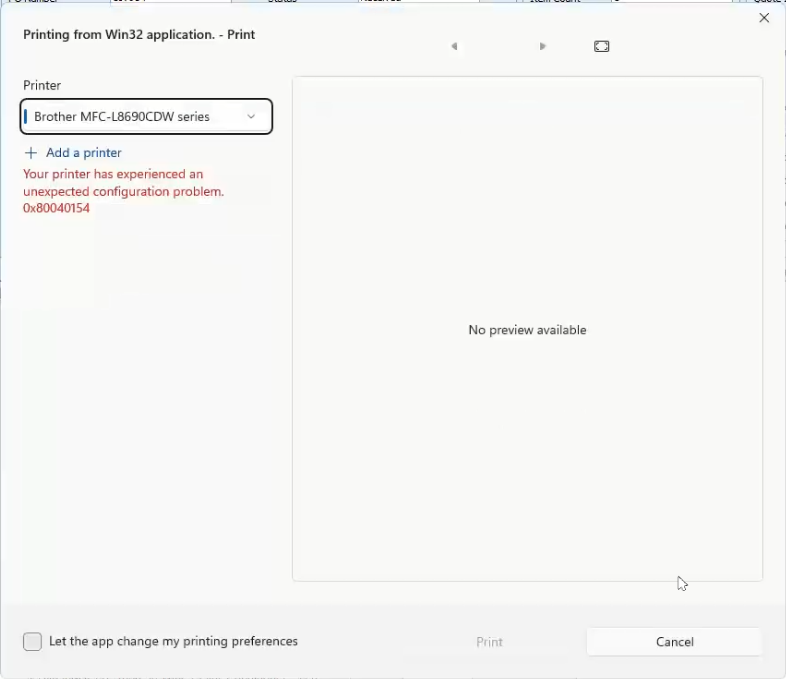 Windows 11 printing from Win32 application error 0x80040154