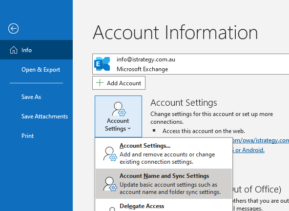 Outlook 365 Account Name and Sync Settings