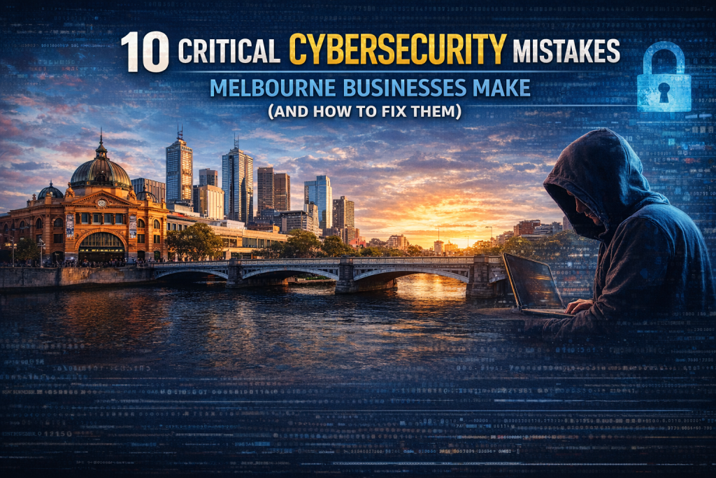 Melbourne cityscape with cybersecurity threat illustration showing 10 critical mistakes businesses make