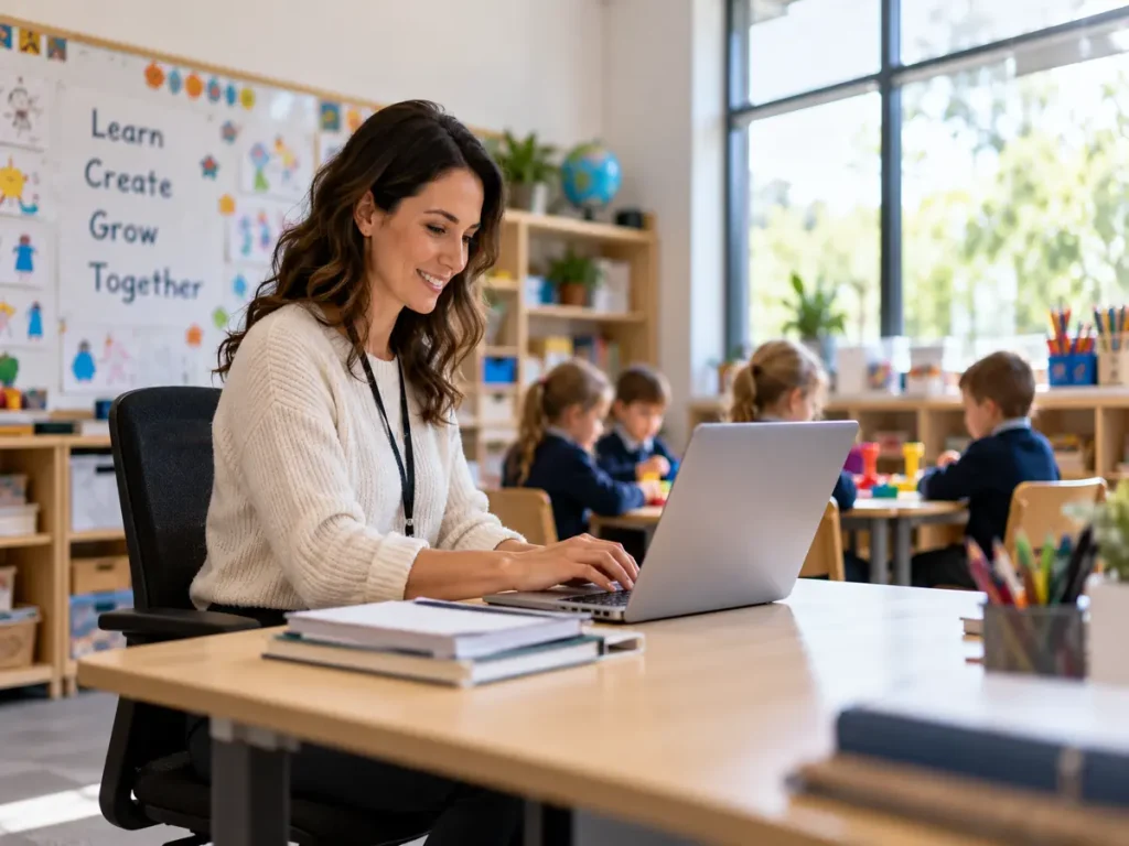 Teacher seated in a visible office chair working on a laptop in a bright early learning classroom