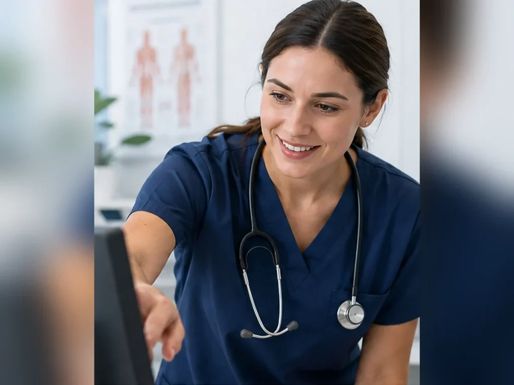 Female healthcare professional in navy scrubs reviewing a clinic computer