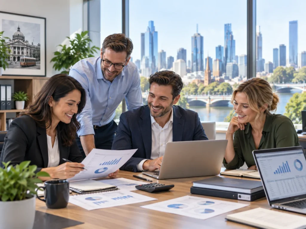 Accounting and bookkeeping team using business IT systems in a Melbourne office