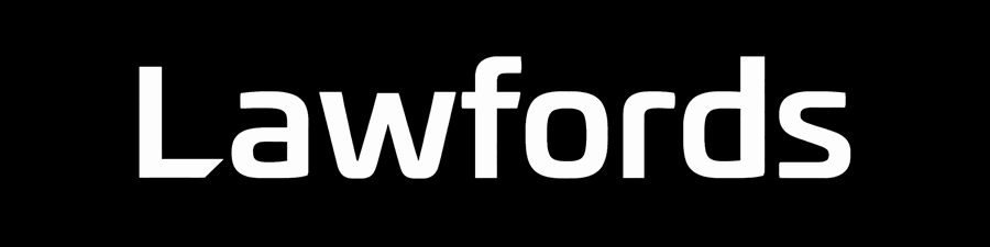 Lawfords Real Estate white logo on a black background