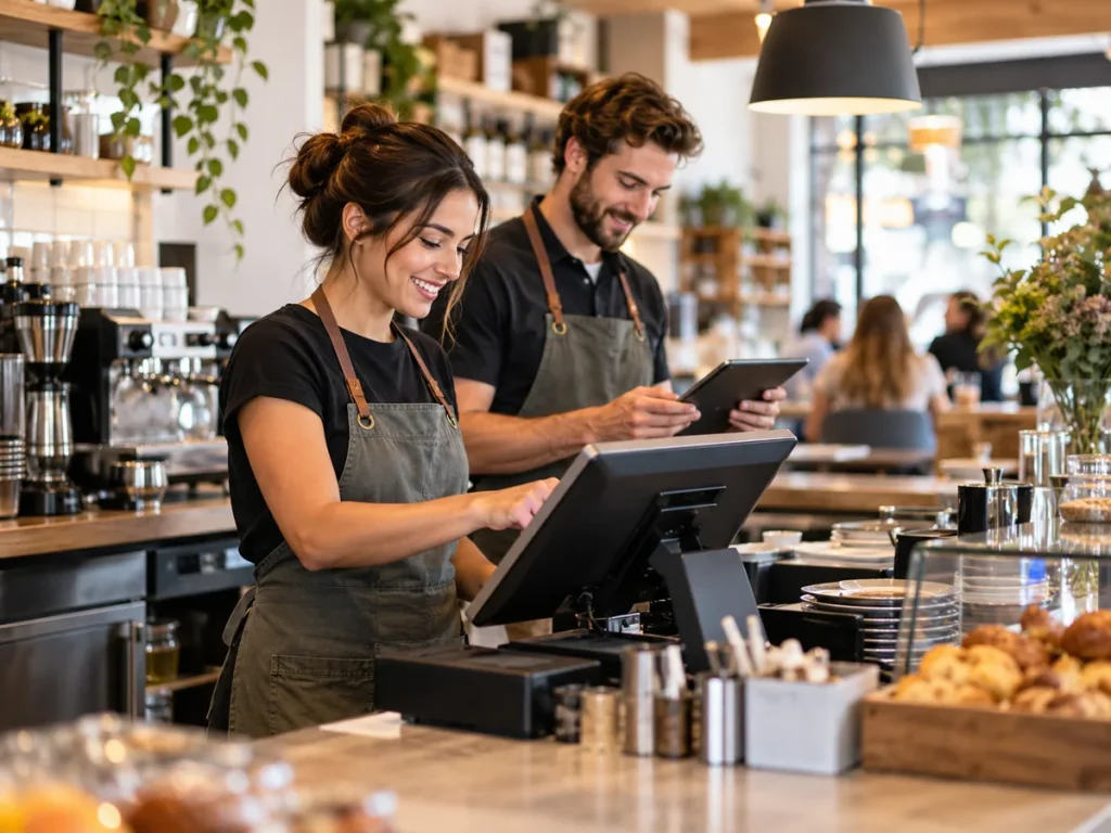 Two hospitality staff working at a café counter using a point of sale terminal and tablet