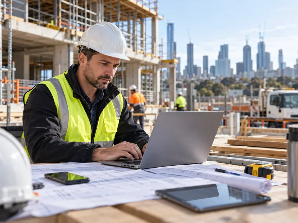 Construction project manager wearing a hard hat and high-visibility vest using a laptop beside architectural plans on a Melbourne building site
