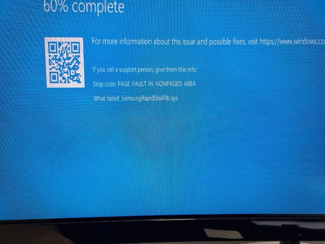 Windows blue screen showing PAGE FAULT IN NONPAGED AREA and SamsungRapidDiskFltr.sys driver